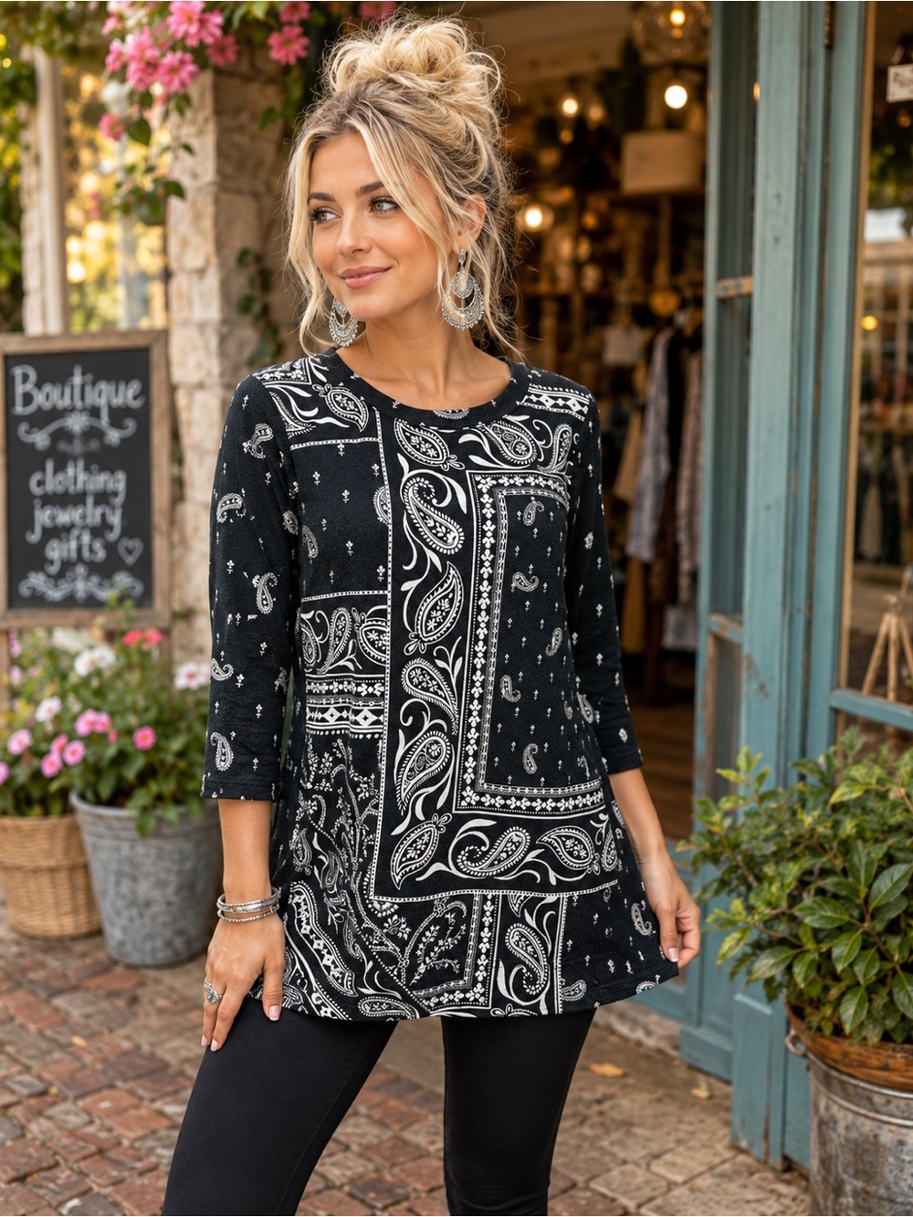 Chico’s Zenergy Black White Paisley Bandana Print Tunic Top Size 0 S/M